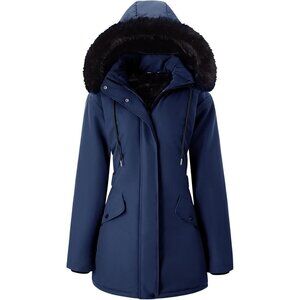 Women's Puffer Jacket Coat Navy Fleece Lined Long Hooded Waterproof Outerwear